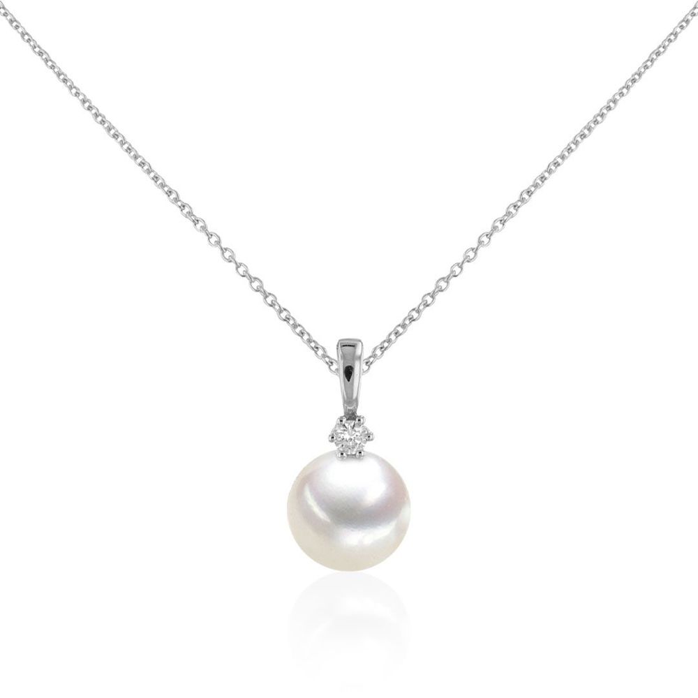 AURONOS Pendentif perles 18K or blanc avec diamant 0.05ct et une perle d’eau douce 8-8.5mm