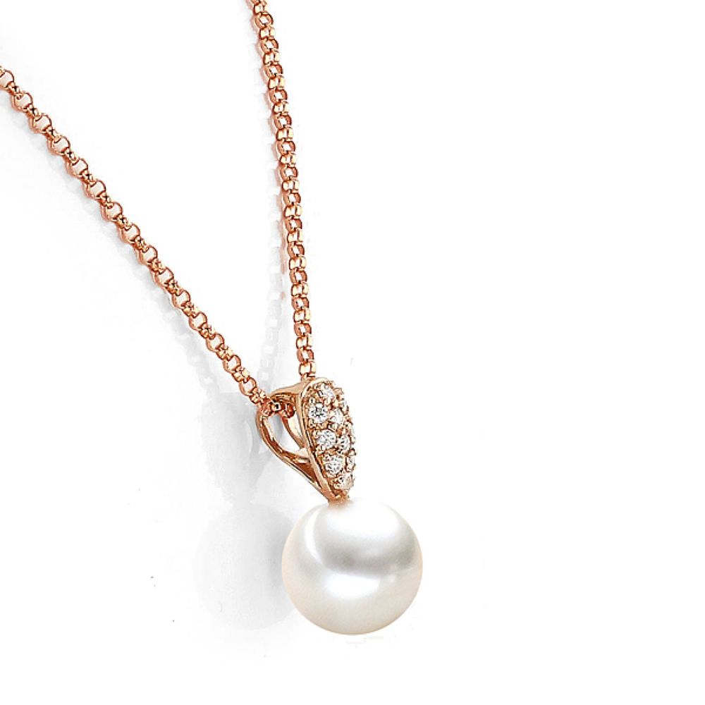 AURONOS Pearl Pendant 18K Rose Gold with 10 Diamond 0.06ct and an Akoya Bead 7.5-8mm