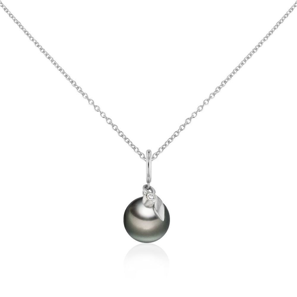 AURONOS Pearl Pendant 18K White Gold with 1 diamond 0.01ct and a Tahiti Bead 9-10mm