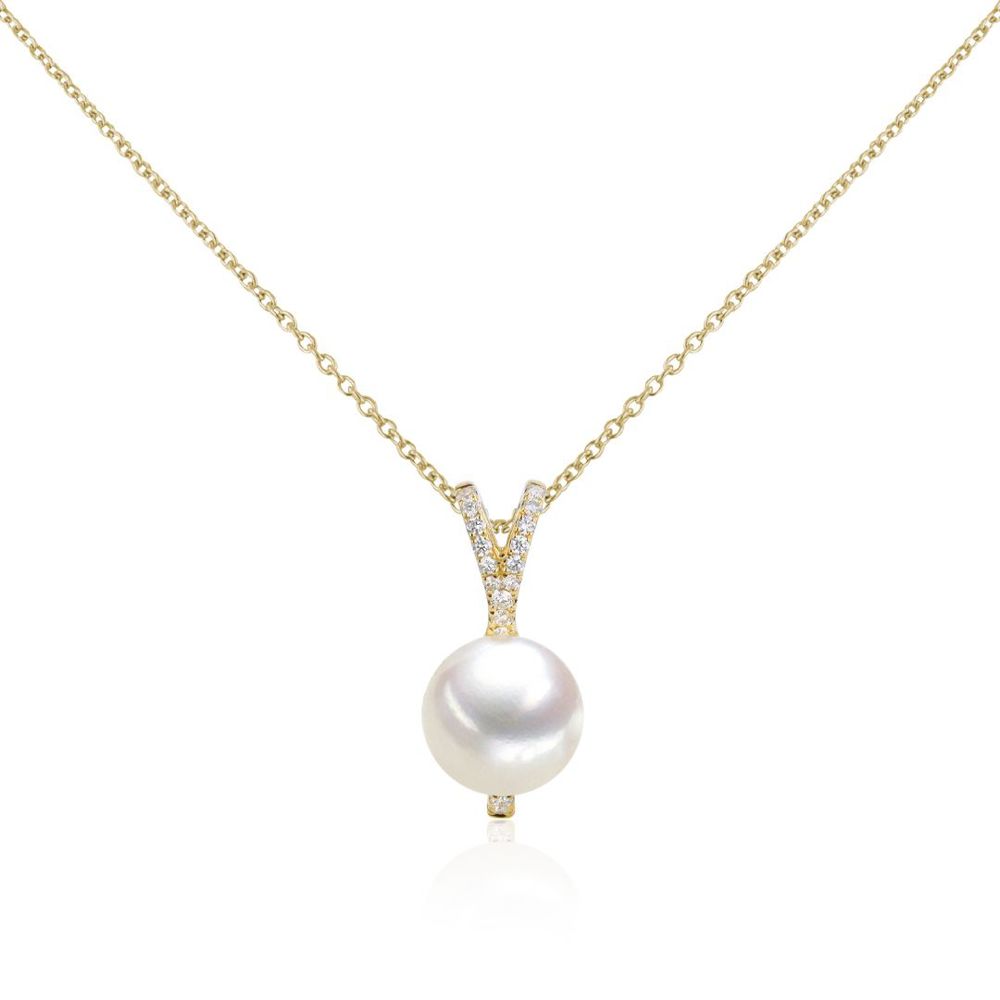 AURONOS Pearl Pendant 18K Yellow Gold with 18 diamonds 0.11ct and a freshwater pearl 8-8.5mm