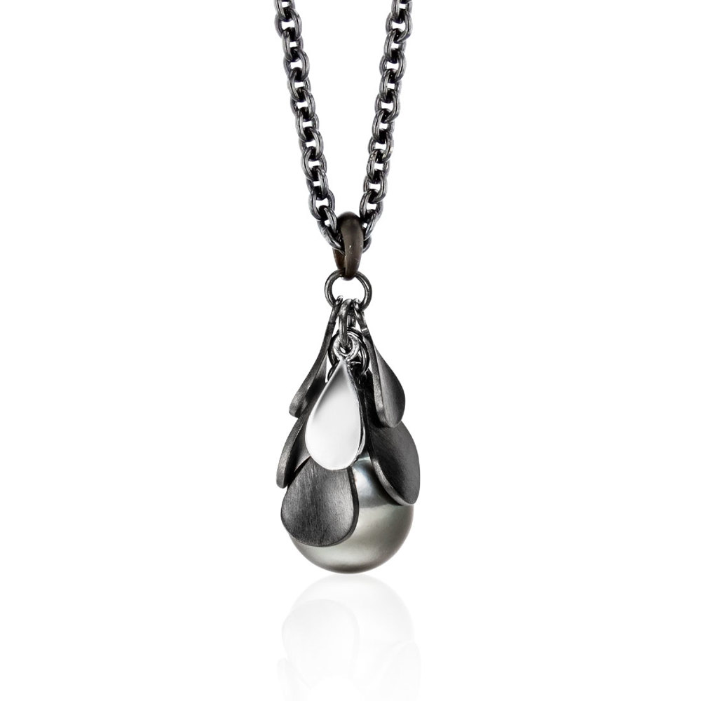 AURONOS Pearl necklace made of 925 silver with a tahitian bead 12-13mm 90cm long