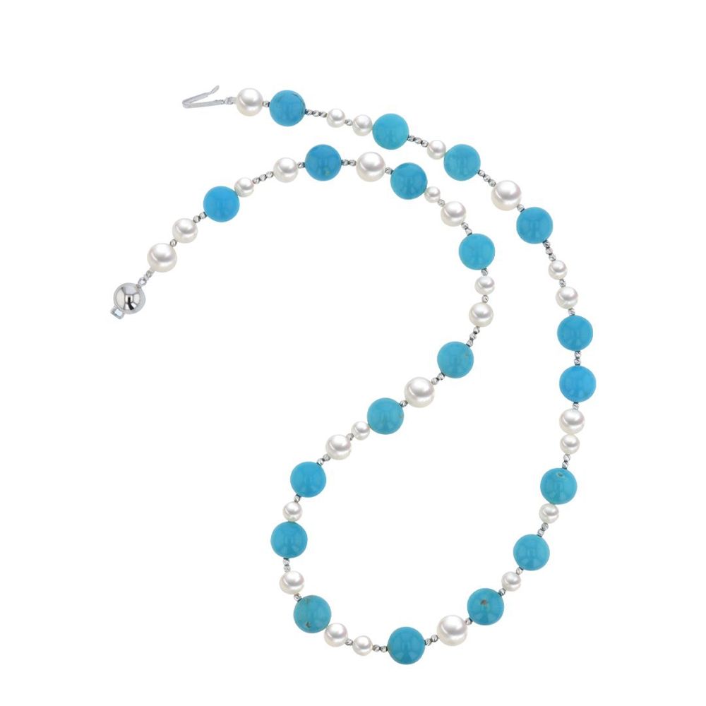 AURONOS Collier de perles en or blanc 18 carats avec boules turquoise et perles d’eau douce 45cm