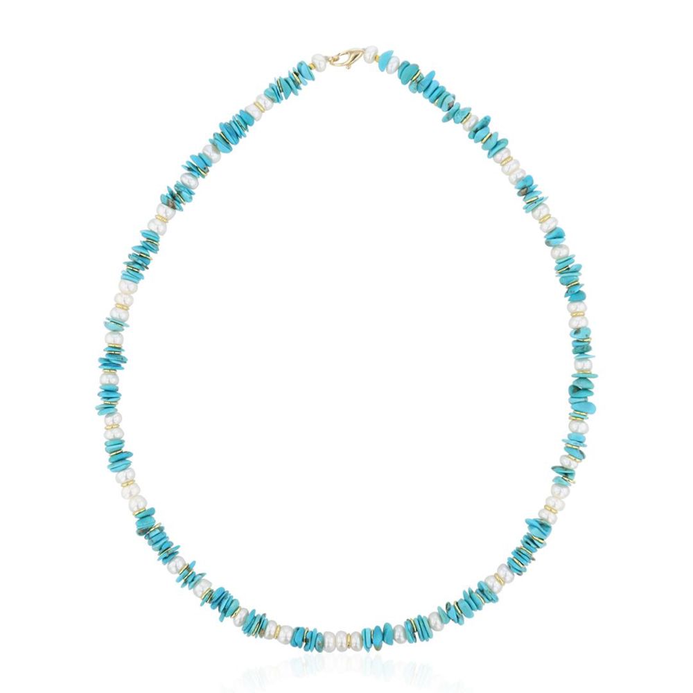 AURONOS Collier de perles en argent 925 plaqué or avec pierres turquoise et perles d’eau douce 5-6mm 45cm