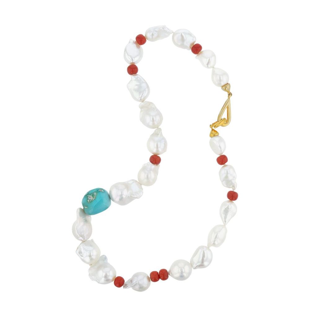 AURONOS Pearl necklace made of 925 silver gold plated with a turquoise, coral balls and freshwater pearls 10-13mm 44cm long