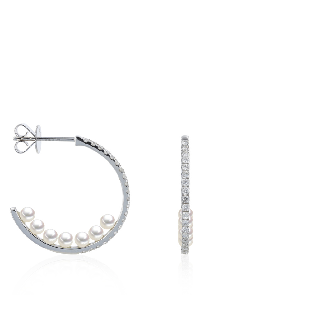 AURONOS Pearls Hoop made of 18K white gold with 42 diamonds 0.32ct and freshwater pearls 2.5-3mm