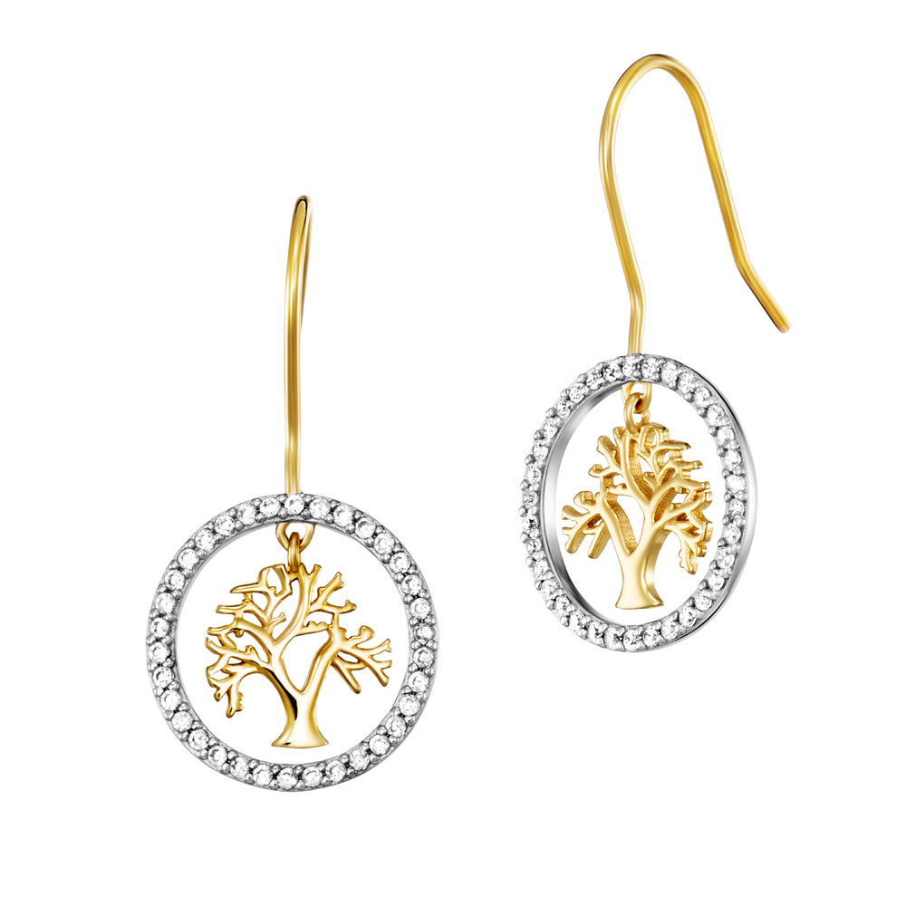 Engelsrufer Boucles d'oreilles 925 argent doré avec arbre de vie et 68 zirconiums ⌀14mm