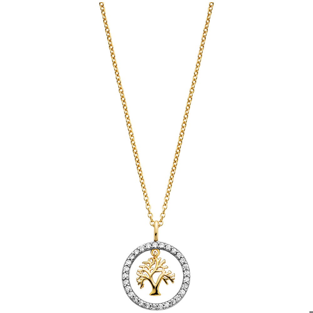 Angel caller necklace 925 silver gold-plated with tree of life ⌀16mm and 33 zirconia 42cm long