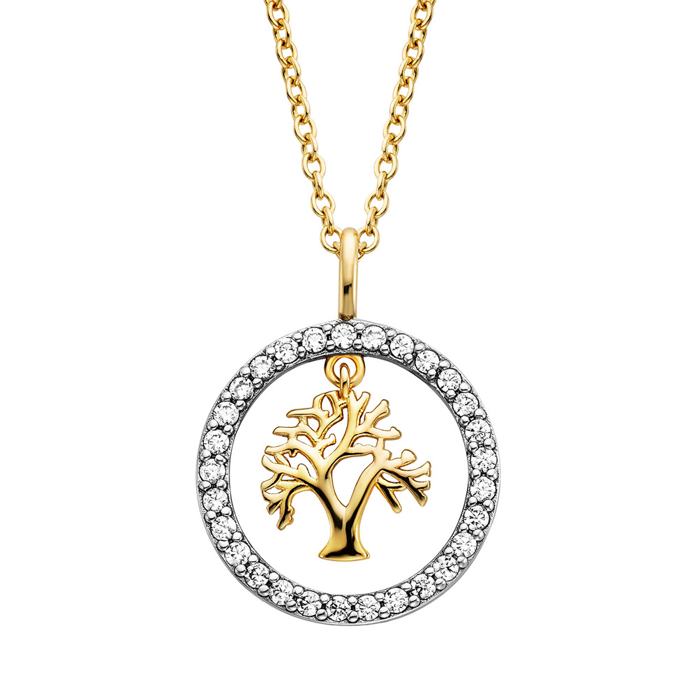 Angel caller necklace 925 silver gold-plated with tree of life ⌀16mm and 33 zirconia 42cm long