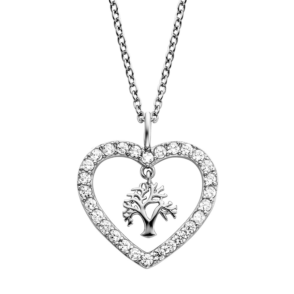 Angel caller necklace 925 silver with heart pendant and tree of life ⌀16mm and 28 zirconia 42cm long