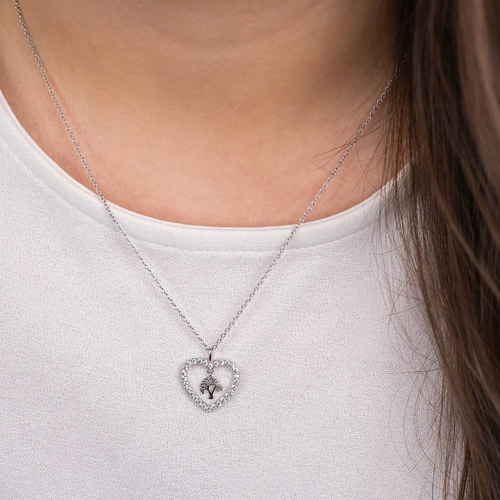 Angel caller necklace 925 silver with heart pendant and tree of life ⌀16mm and 28 zirconia 42cm long