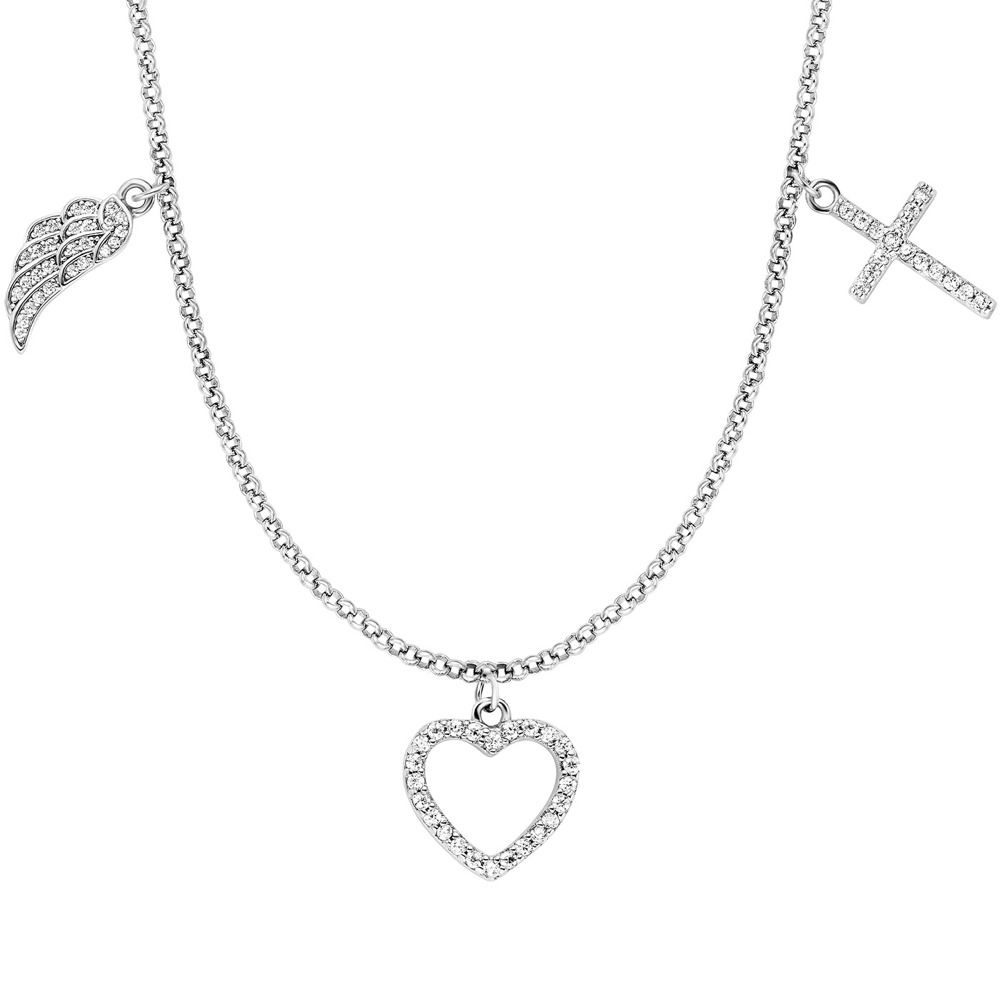 Angel caller necklace 925 silver with heart, wing and cross pendant ⌀12mm and 68 zirconia 42cm long