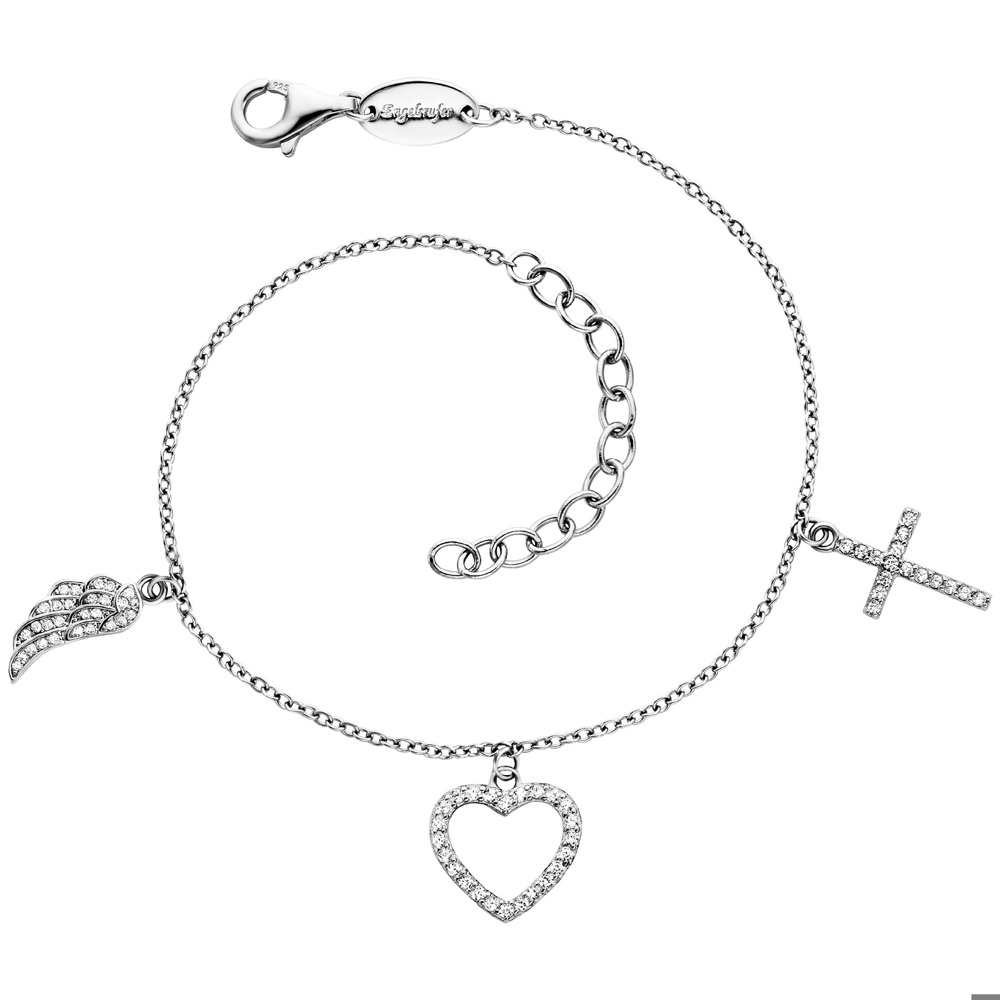 Engelsrufer bracelet 925 argent avec pendentif coeur, aile et croix ⌀12mm et 68 zirconia 17cm de long