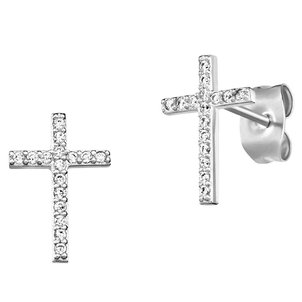 Angel caller ear studs 925 silver with cross and 32 zirconia Length 12mm