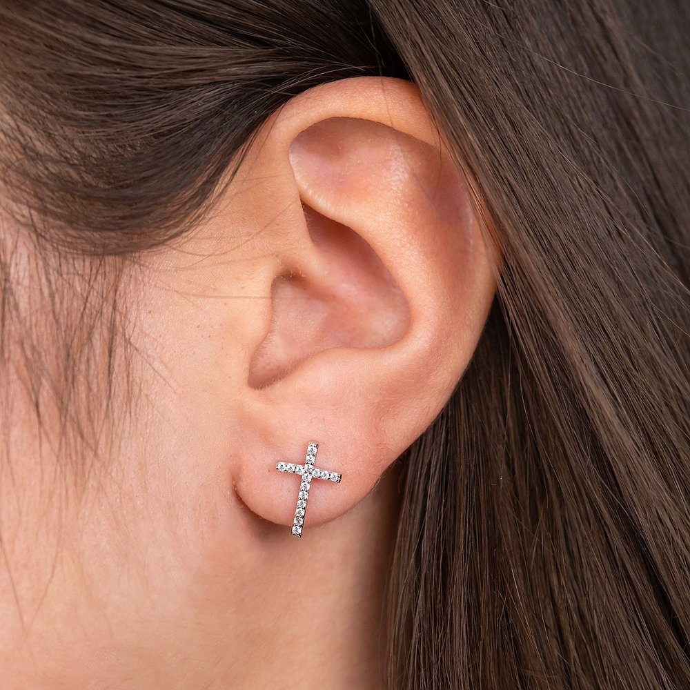 Angel caller ear studs 925 silver with cross and 32 zirconia Length 12mm