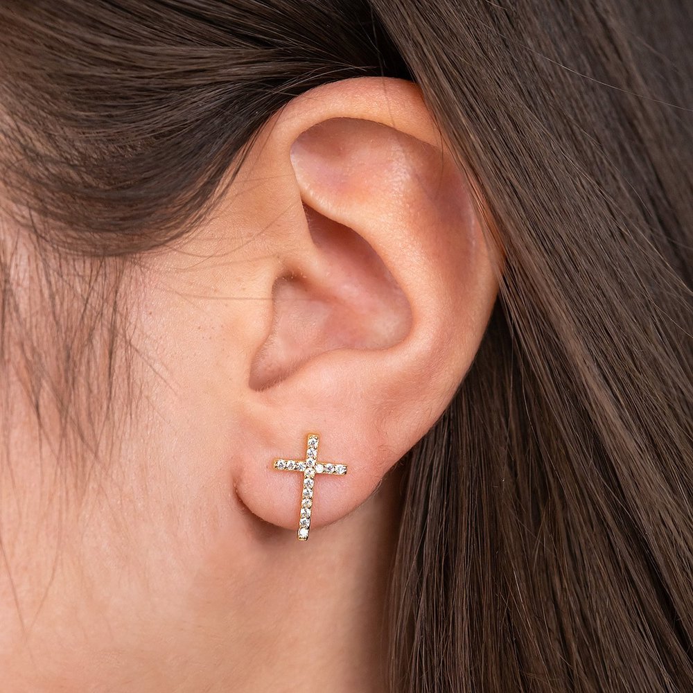 Angel caller ear studs 925 silver gold-plated with cross and 32 zirconia Length 12mm