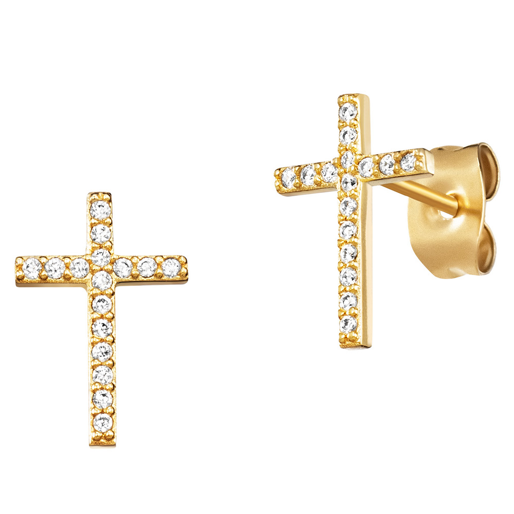 Angel caller ear studs 925 silver gold-plated with cross and 32 zirconia Length 12mm