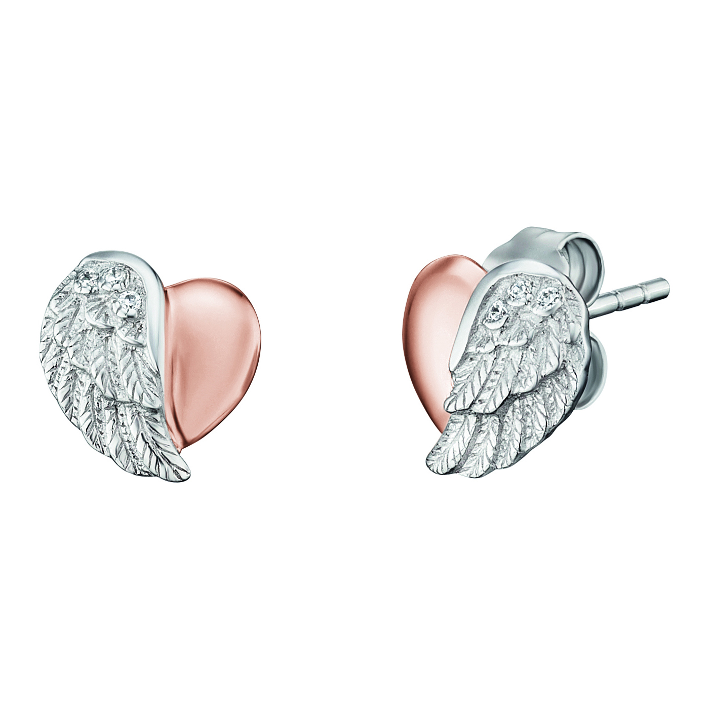 Angel caller ear studs 925 silver heart wings with 3 zirconia ⌀9mm