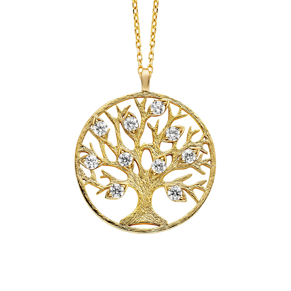 Julie Julsen Collier Chaîne d’ancrage 925 Arbre de vie plaqué or avec 10 Zircons 42-48cm de long