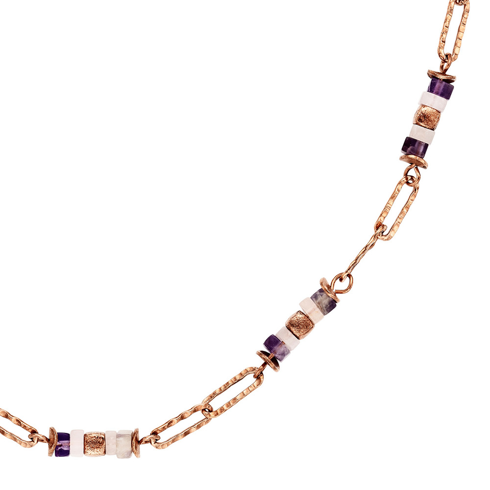 Julie Julsen Loving Stones Collier 925 Argent Rose Doré avec Améthyste et Quartz Rose 45cm de long