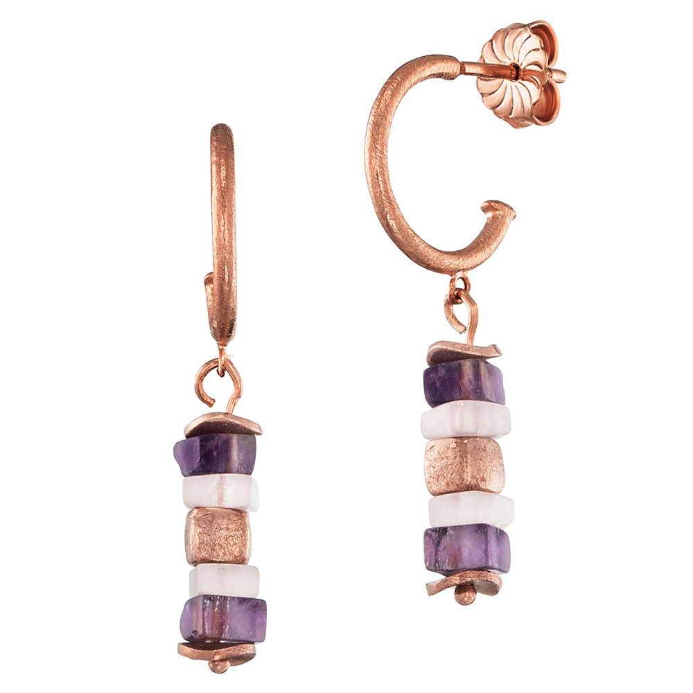 Julie Julsen Loving Stones Boucles d’oreilles 925 Argent Rose doré avec améthyste et quartz rose 1.50cm de long