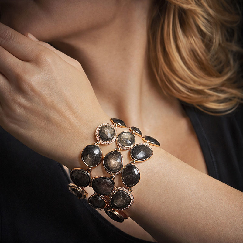 Armband "Cleo" 3 reihig in Roségold, braune Safire und Diamanten champagnerfarbig, Messerer Juwelier Zürich 