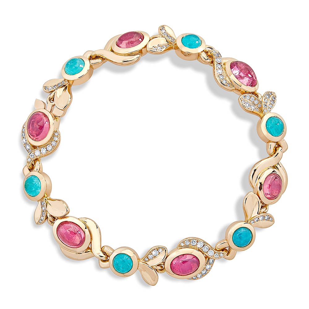 Armband Roségold mit 6 Paraiba Turmalinen, 6 pinke Spinelle, Messerer Juwelier Zürich