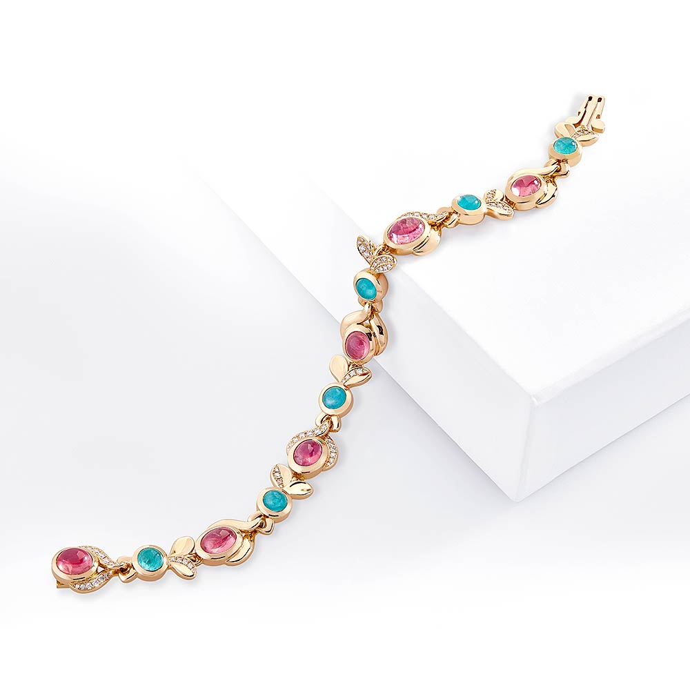 Armband Roségold mit 6 Paraiba Turmalinen, 6 pinke Spinelle, Messerer Juwelier Zürich