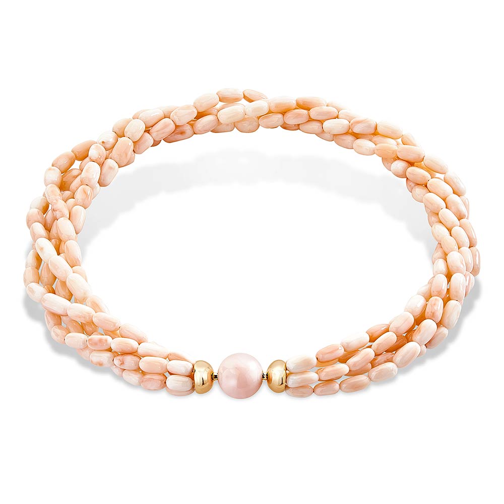 Collier aus 5 Korallen-Strängen rosa, mit Roségold, Messerer Juwelier Zürich