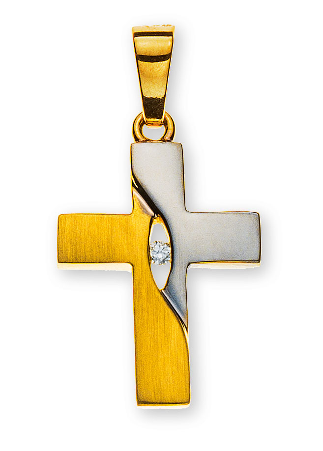 AURONOS Prestige Kreuz Anhänger 18K Gelbgold 1.7cm Länge 1.2cm Breite mit einem 0.02ct Diamant