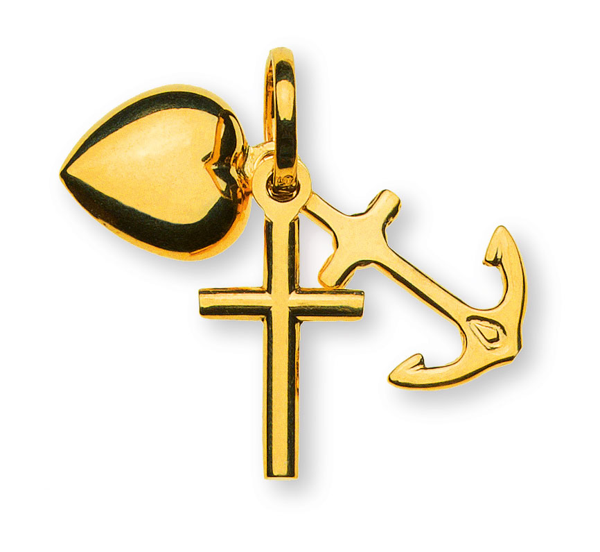 AURONOS Prestige Kreuz Anhänger Glaube, Liebe und Hoffnung 18K Gelbgold 0.9cm Länge 1.4cm Breite