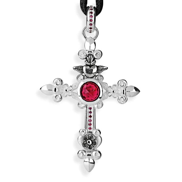 Drachenfels Carpe Diem grand pendentif en croix longueur 7,5 cm largeur 5,1 cm avec grenat à facettes