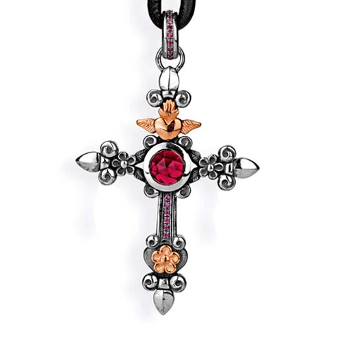 Drachenfels Carpe Diem large cross pendant in vintage look length 7.5cm width 5.1cm with faceted garnet