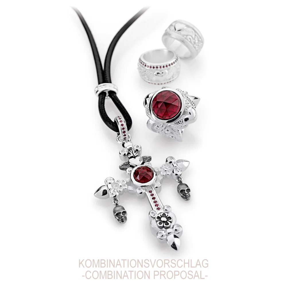 Drachenfels Carpe Diem large cross pendant made of 925 silver with faceted garnet and skulls length 7.5cm width 5.1cm