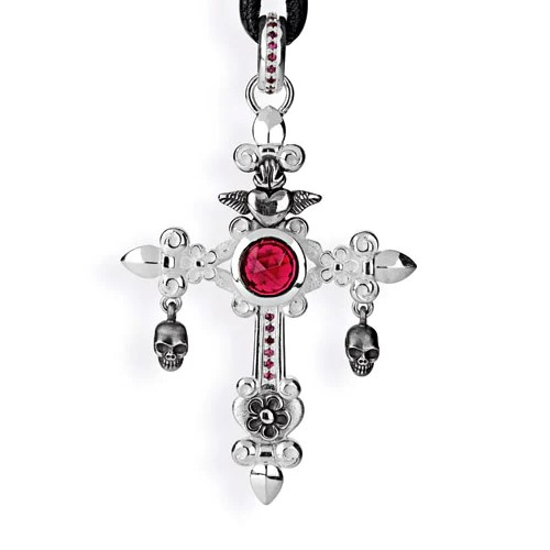 Drachenfels Carpe Diem large cross pendant made of 925 silver with faceted garnet and skulls length 7.5cm width 5.1cm