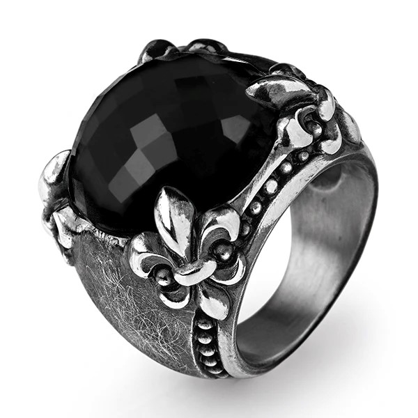 Drachenfels Lilienkönigin grosser Ring aus 925 Silber im vintagelook mit facettiertem Onyx Gr. 52-62