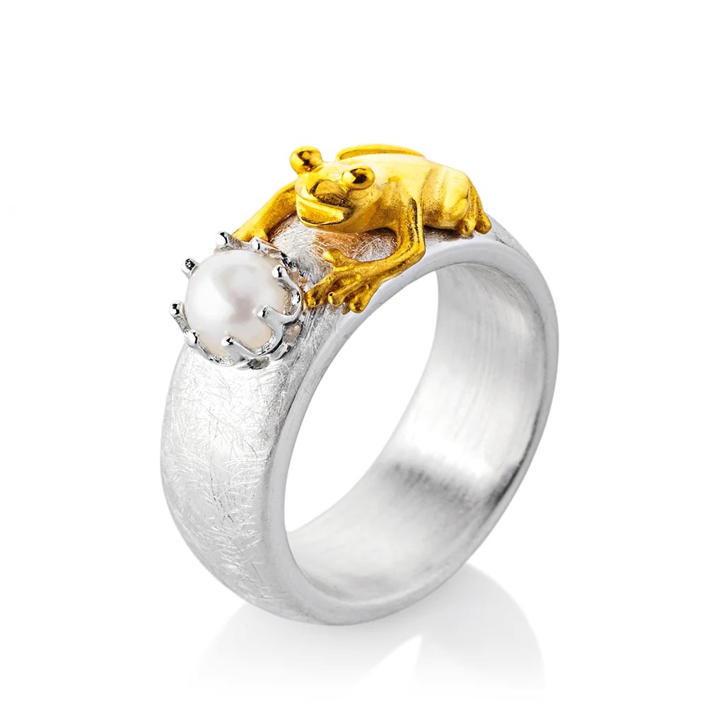 Drachenfels Froschkönig petite bague en argent 925 avec perle d’eau douce et grenouille plaquée or taille 52-62