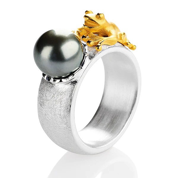 Drachenfels Froschkönig middle ring made of 925 silver with gold-plated frog and tahitian pearl size 52-62