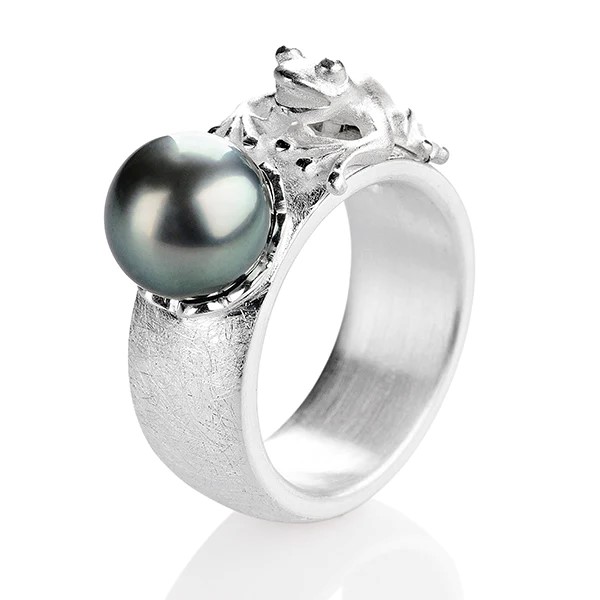 Drachenfels Drachenblut middle ring made of 925 silver with silver frog and Tahitian pearl size 52-62