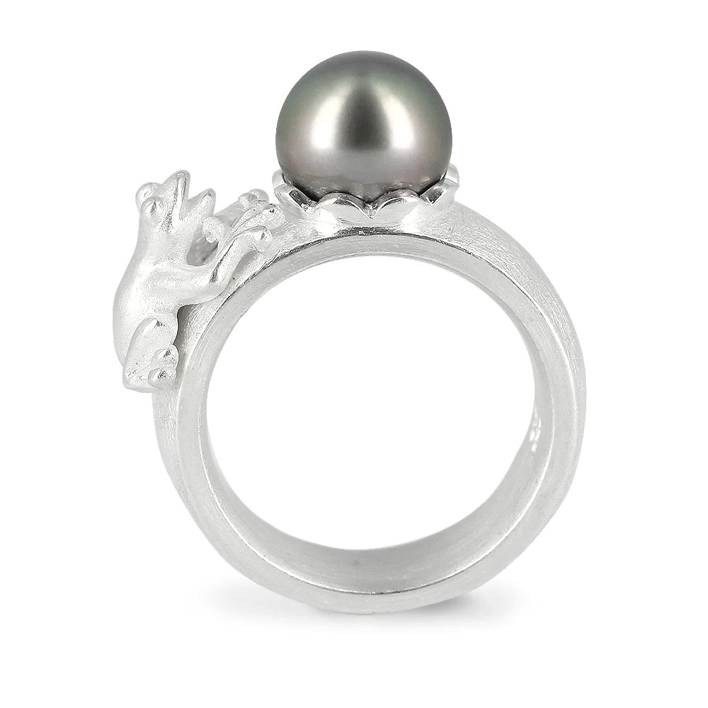 Drachenfels Drachenblut middle ring made of 925 silver with silver frog and Tahitian pearl size 52-62