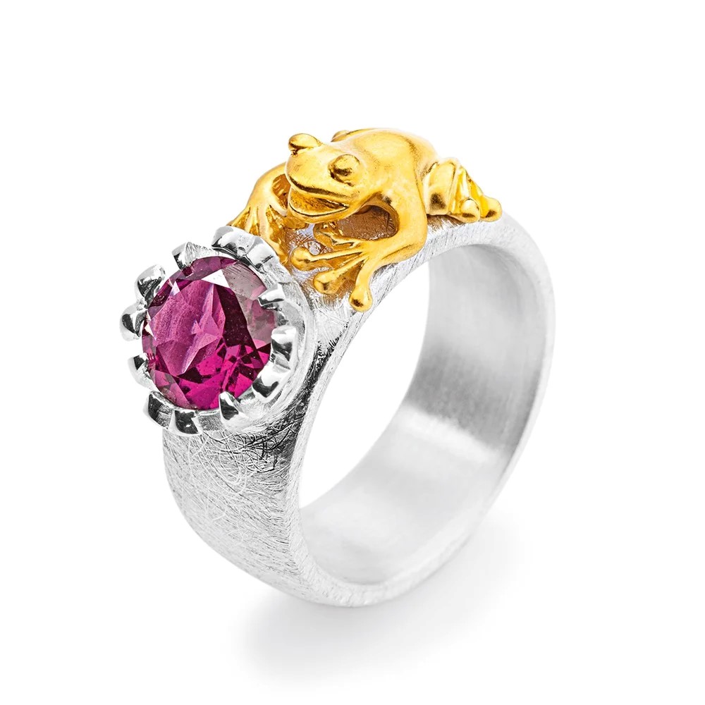 Drachenfels Froschkönig Bague intermédiaire en argent 925 avec grenouille plaquée or et rhodolite taille 52-62