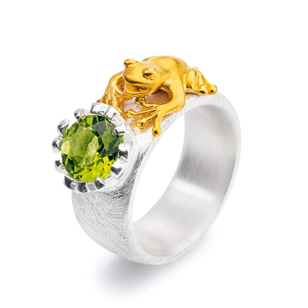 Drachenfels Froschkönig Bague intermédiaire en argent 925 avec grenouille plaquée or et péridot taille 52-62