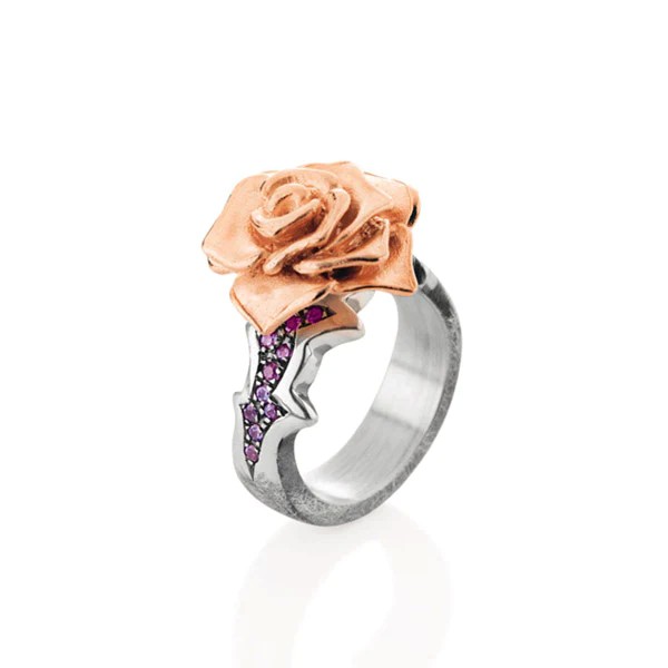 Drachenfels Rose of Antoine kleiner Ring aus 925 Silber Vintagelook und Rhodolithpavée Gr. 52-62