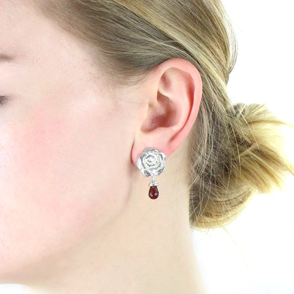 Drachenfels Rose of Antoine grande rose clip-oreille en argent 925 avec rhodolite Longueur : 3,0 cm Largeur : 1,8 cm