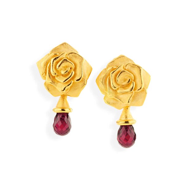 Drachenfels Rose of Antoine large rose clip-on ear plug made of 925 silver gold plated with rhodolite bulb Length: 3.0cm Width: 1.8cm