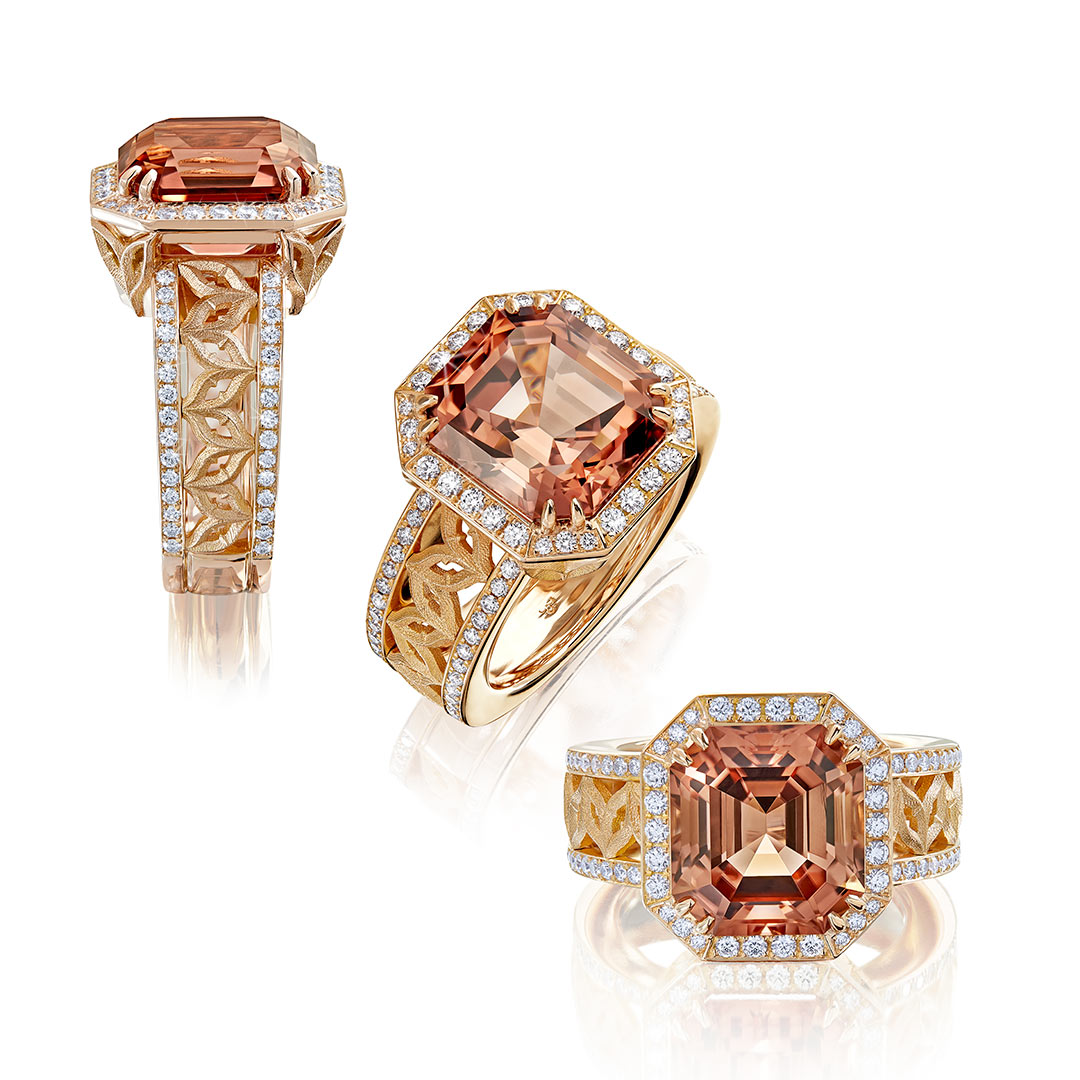 Fraumünster-Ring "Corrimao" in Rotgold mit Cognac-Turmalin und Brillanten, Messerer Juwelier Zürich