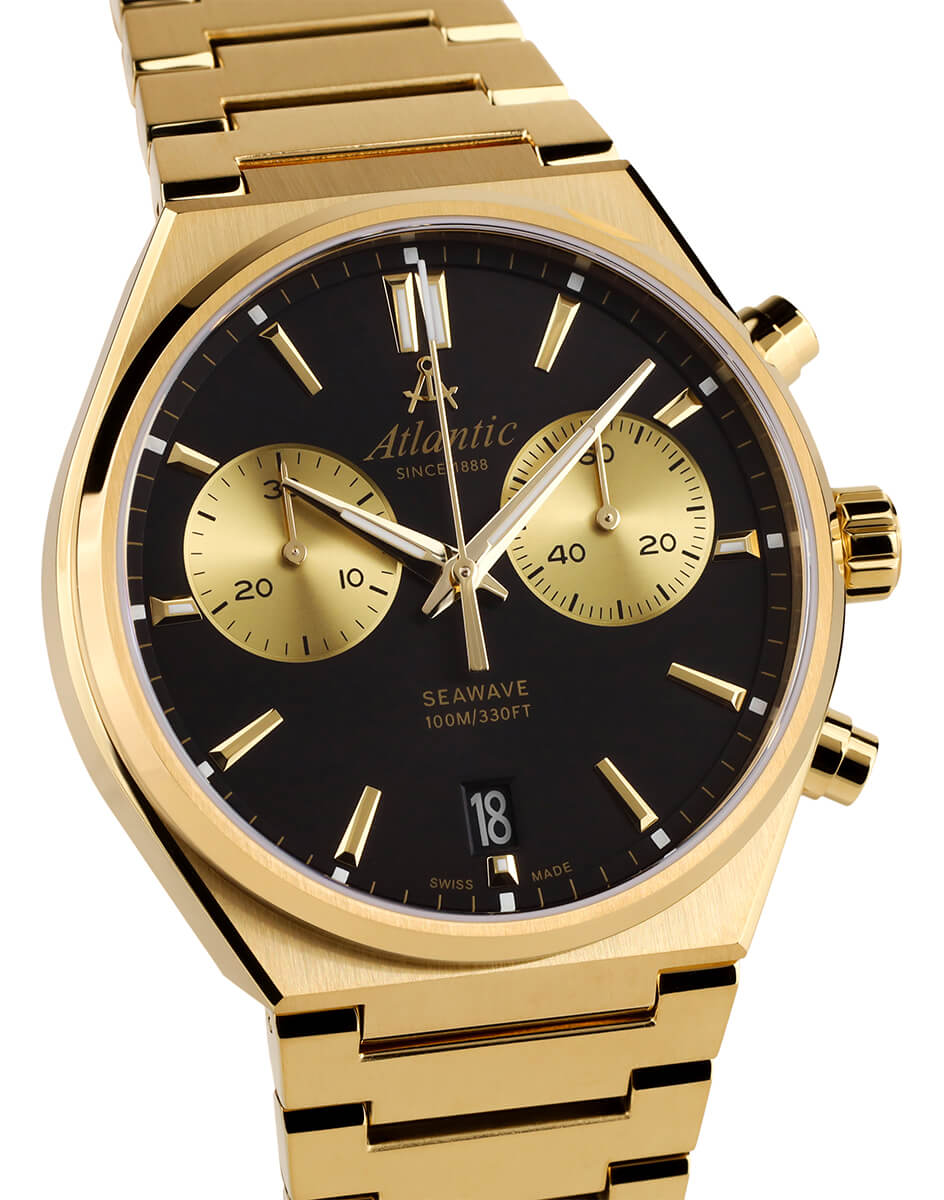 Atlantic Seawave Chrono Gelbgold PVD Edelstahl Schwarz