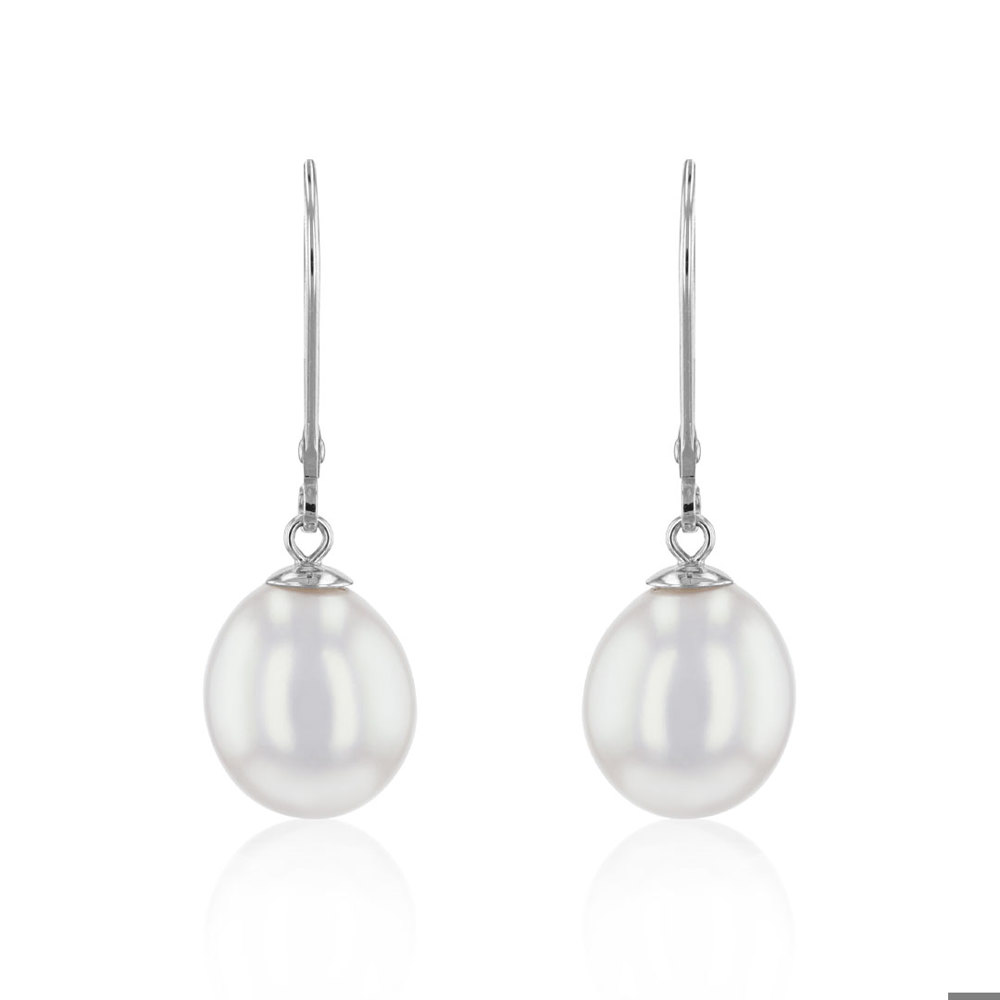 AURONOS Perles Pendentifs d'oreilles en or blanc 14K avec perles d'eau douce 9.5-10mm 