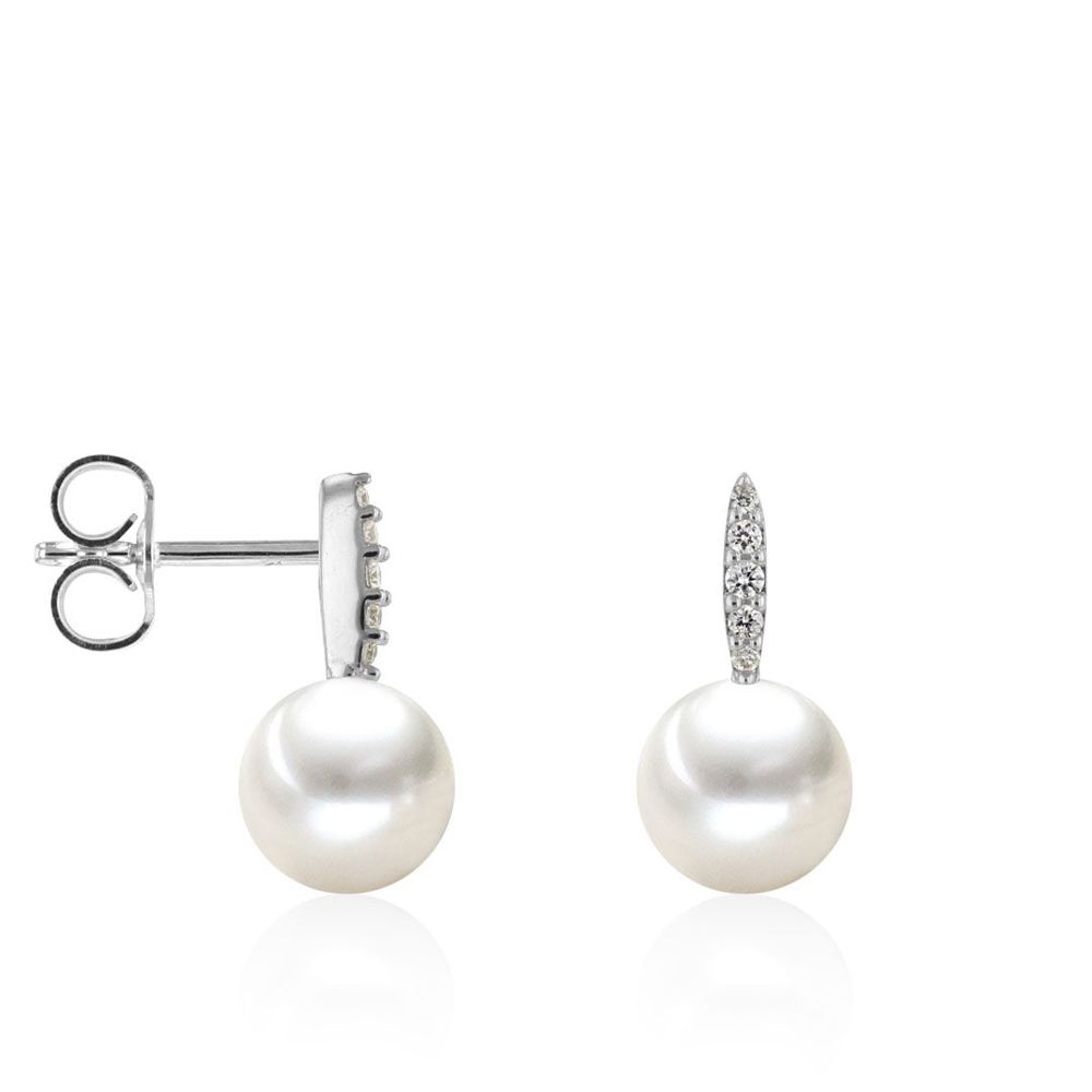 Boucles d'oreilles AURONOS en or blanc 14K avec perles d'eau douce 7-7.5mm et diamants de 0.06ct