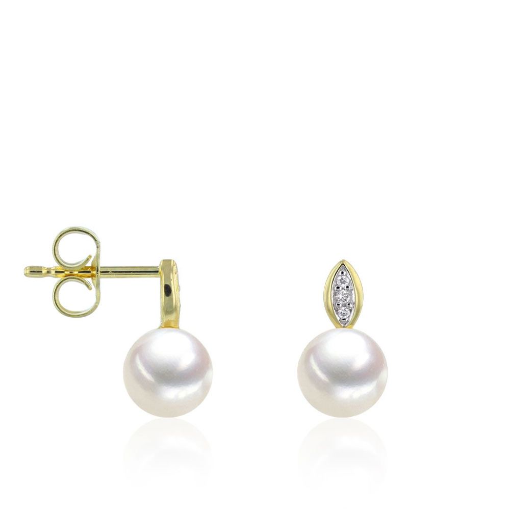 AURONOS Pearl Stud Earrings made of 14K yellow gold with freshwater pearls 6-6.5mm and diamonds 0.02ct