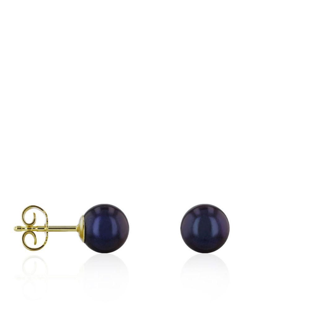 AURONOS Pearl Stud Earrings made of 14K yellow gold with black freshwater pearls 7-7.5mm